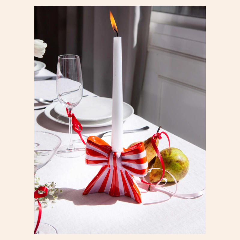 Bow Candleholder - Pink Stripe